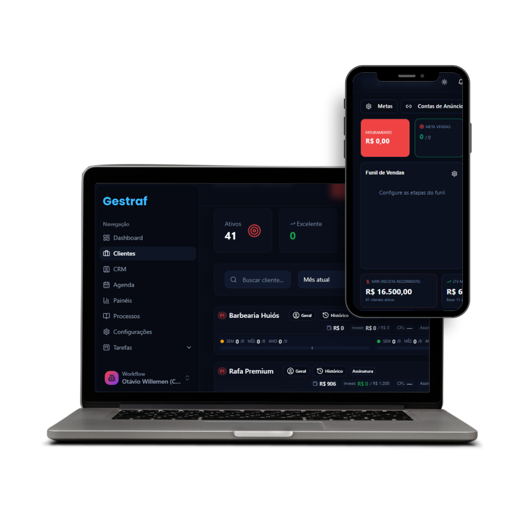 Mockup do Gestraf em notebook e smartphone